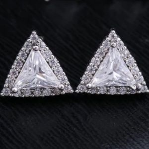 Silver Triangle Diamond Halo Stud Earrings
